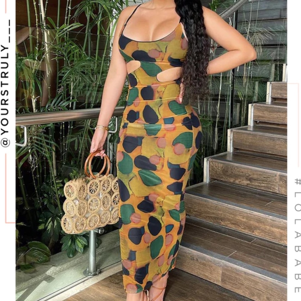 Miss Lola Mesh cutout waist body con midi dress